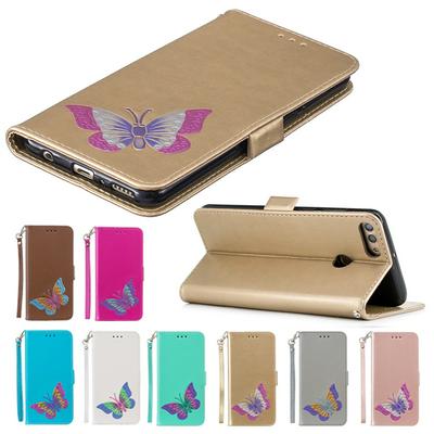 Wrist Strap Colored Painted Butterfly Pattern Wallet Card Holder Stand Support Picture Frame PU Leather + TPU Phone Case for Huawei Y9 (2018) / Enjoy 8 Plus 