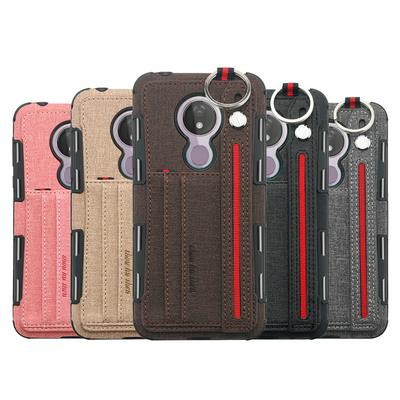 PU Leather Coated PC + TPU with Card Holder Keyring Strap Back Cover Case for Motorola Moto G7 Power