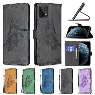 For iPhone 11 Pro(5.8) Embossed Flying Butterflies Scratch Resistant Wallet Leather Case with Wrist Strap