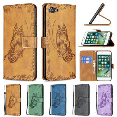 For iPhone 7 / 8 Embossed Flying Butterflies Scratch Resistant Wallet Leather Case with Wrist Strap