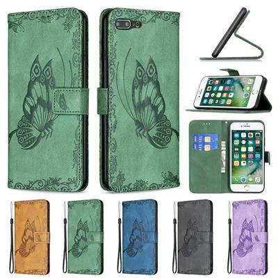 For iPhone 7 Plus / 8 Plus Embossed Flying Butterflies Scratch Resistant Wallet Leather Case with Wrist Strap