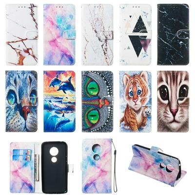 Colored Cat Tiger Owl Dolphin Pattern PU Leather + Soft TPU Card Slots with Stand Wallet Protective Case for Motorola Moto G7 Play