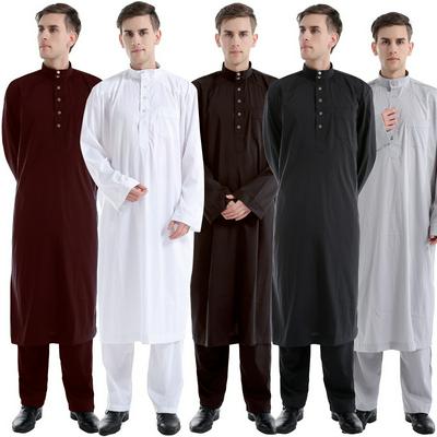 Men's Long-sleeved Thobe Calf Length Arab Muslim Wear and Matching Pants - White, Grey