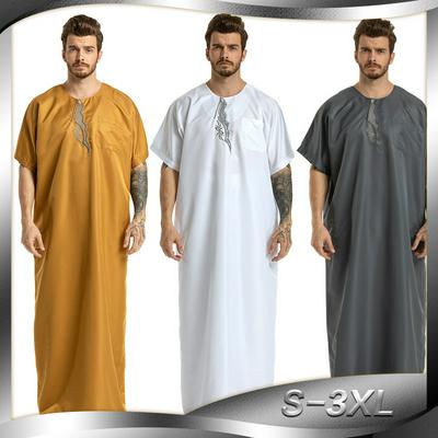  Men's Thobe with Short Sleeves Embroidery Muslim Wear Arabic Thobe