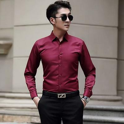 Solid Color Korean Slim Folding Collar Men's Clothing Long Sleeved Shirt Tops for Men