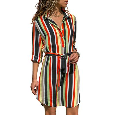 Long Sleeve Summer Chiffon Boho Beach Dresses Women Casual Striped Print A-line Dress 