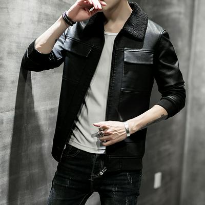Men's Casual Leather Jacket with Woolen Color Fashionable Racer Jacket