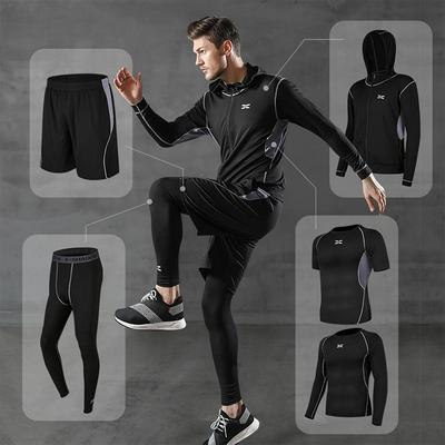 5-piece Pack Men's Sports Suit Stretch Breathable Quick-drying Hooded Sweatshirt Fitness Clothing Series Set