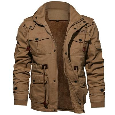 Men's Hooded Washed Cotton Jacket Plain Multiple-pocket Work Coat with Soft Lining