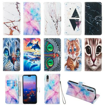 Colored Cat Tiger Owl Dolphin Pattern PU Leather + Soft TPU Card Slots with Stand Wallet Protective Case for Huawei P20