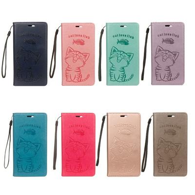 Cat and Fish Pattern Wrist Strap PU Leather + Soft TPU with Picture Frame Wallet Stand and Card Slots Protector Case for Huawei P20