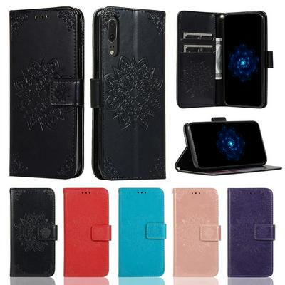 Embossed Wallet Case for Huawei P20, Plain Leather Coated Phone Cover with Hidden Kickstand and Lanyard