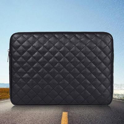 Rhombus Pattern Embroidery Waterproof Wear-Resistant Shockproof PU Leather Zipper Notebook Laptop Liner Bag