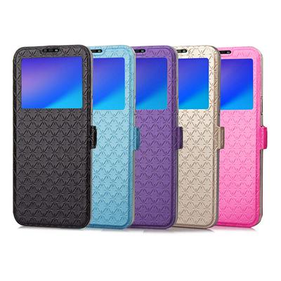 Rhombus Pattern Side Flip PU Leather + Soft TPU Card Slot with Magnetic Buckle Caller ID Window and Stand Protective Case for Huawei P20 Lite / Nova 3e
