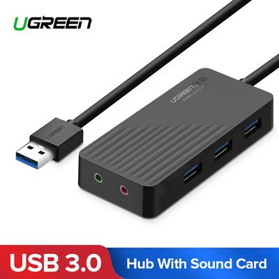 Ugreen Alles in Een USB Geluidskaart met 3 Port USB 3.0 Splitter Externe 3.5mm USB Adapter Audio Interface voor Computer Audio Card
