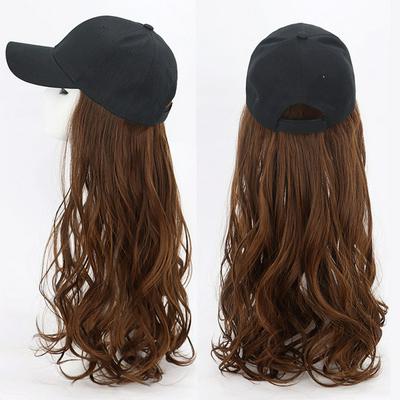 Women's  Adjustable Baseball Hat Attached with Long Curly Hair Natural Big Wave Wig