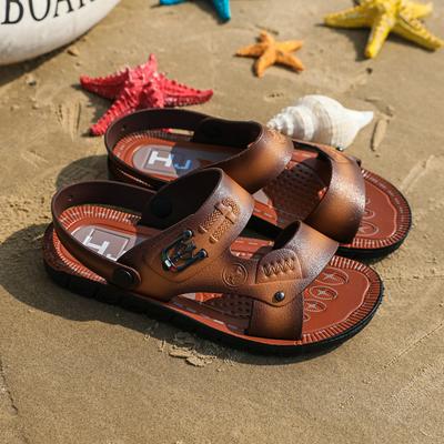 Men's Beach Sandals Comfortable Leather Slippers with Swivel Heel Strap