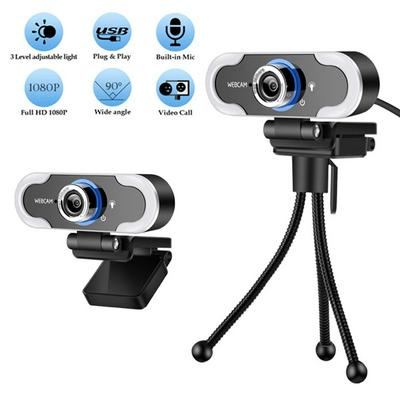 USB2.0 Camera Webcam Full LED 1080P with Tripod 3-level Brightness Adjustment -Touch Control Web Cam With Built-in Microphone