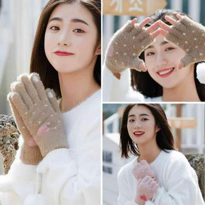 Lady's Korean Winter Knitted Plush Gloves Warm Plus Velvet Thicken Touch Screen Gloves