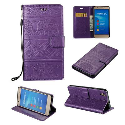 Elephant Embossed Pattern Side Flip PU Leather + Soft TPU Card Slots with Wrist Strap and Stand Wallet Protective Case for Huawei Y6II / Honor 5A 