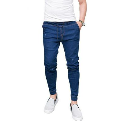 Men's Casual Slim Fit Pencil Jeans Drawstring Elastic Waist Pants Hard-wearing Straight Fit Denim Pants