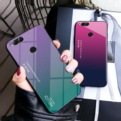 Luxury Gradient Bicolor 9H Explosion-Proof Anti-Scratch Tempered Glass Back + Soft TPU Bumper Frame Support Wireless Charging Back Cover Case for Huawei Honor 7X