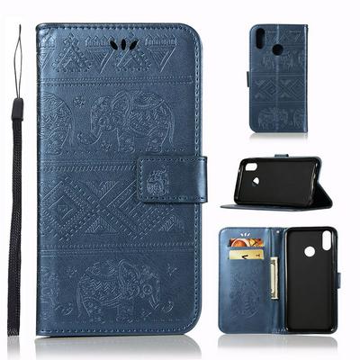 Elephant Embossed Pattern Side Flip PU Leather + Soft TPU Card Slots with Wrist Strap and Stand Wallet Protective Case for Huawei Y9 (2019) / Enjoy 9 Plus