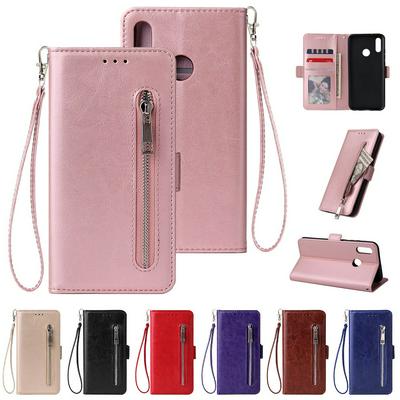 Leather Wallet Case for HUAWEI Y9 2019, Plain Zipper Phone Cover with Wrist Strap