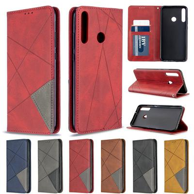 Rhombus Pattern Denim Cloth Anti-Fall Side Flip PU Leather + Soft TPU Picture Frame Stand with Magnetic Closure and Card Slot Wallet Case for Huawei P40 Lite E / Y7p