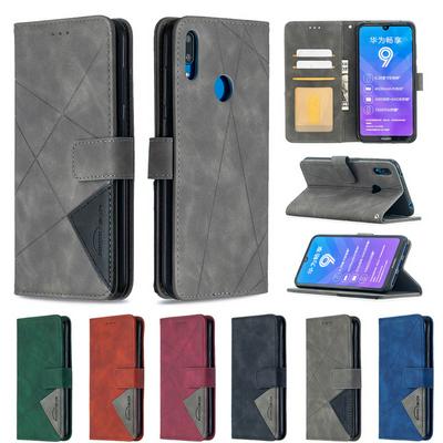 Stitching Color Rhombus Pattern BF05 Scratch Resistant PU Leather Phone Protective Case with Stand &Card Slots for HUAWEI Y7(2019)