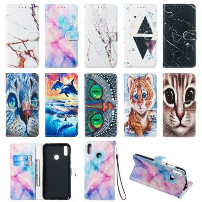 Colored Cat Tiger Owl Dolphin Pattern PU Leather + Soft TPU Card Slots with Stand Wallet Protective Case for Huawei Y7 (2019) 
