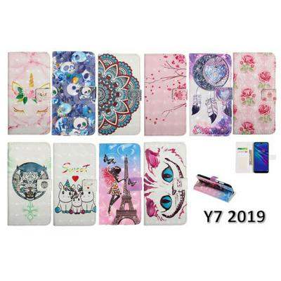3D Colored Painting Shockproof Side Flip PU Leather + Soft TPU Card Slots with Picture Frame Stand and Magnetic Buckle Wallet Case for Huawei Y7 (2019)