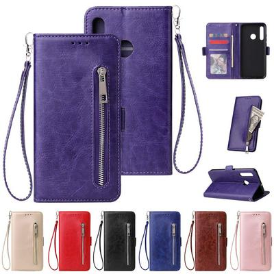 Leather Wallet Case for HUAWEI Honor 10i, Plain Zipper Phone Cover with Wrist Strap