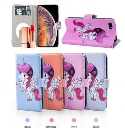 Pegasus Unicorn Pattern with Makeup Mirror PU Leather + Soft TPU with Stand Support and Card Holder and Wallet Slots Protective Case for Huawei Y5 (2018) / Y5 Prime (2018) 