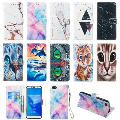 Colored Cat Tiger Owl Dolphin Pattern PU Leather + Soft TPU Card Slots with Stand Wallet Protective Case for Huawei Y5 (2018) / Y5 Prime (2018) 