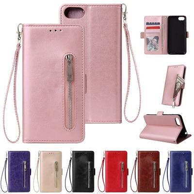 Leather Wallet Case for HUAWEI Y5 2018, Plain Zipper Phone Cover with Wrist Strap