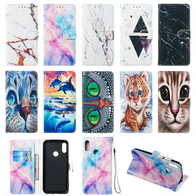 Colored Cat Tiger Owl Dolphin Pattern PU Leather + Soft TPU Card Slots with Stand Wallet Protective Case for Huawei Y6 (2019)