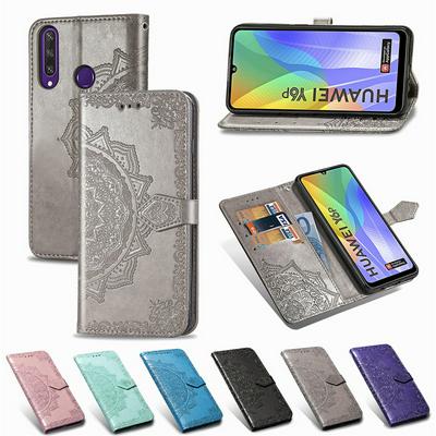 Relief Mandala Pattern Three Card Series Shockproof PU Leather +TPU Wallet Phone Case with Lanyard for HUAWEI Y6p