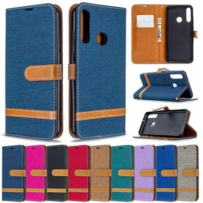Color Block Denim Cloth All-round Protection PU Leather Phone Protective Case with Card Slots&Stand for HUAWEI Y6p