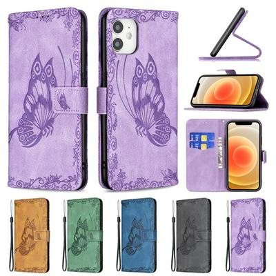 For iPhone 12 mini(5.4) Embossed Flying Butterflies Scratch Resistant Wallet Leather Case with Wrist Strap