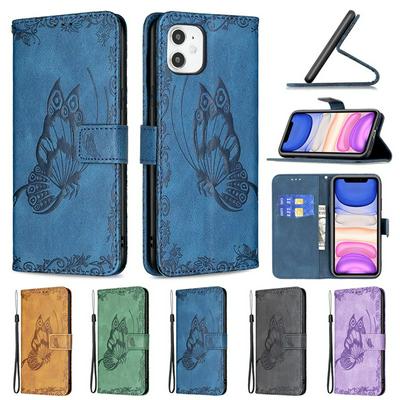 For iPhone 11(6.1) Embossed Flying Butterflies Scratch Resistant Wallet Leather Case with Wrist Strap