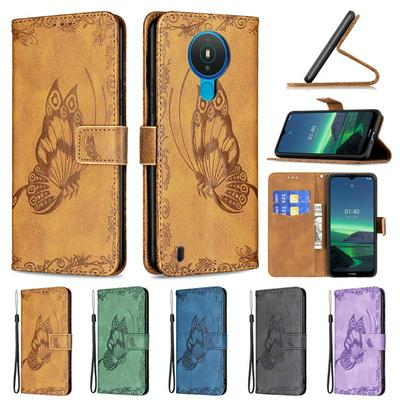 For Nokia 1.4 Embossed Flying Butterflies Scratch Resistant Wallet Leather Case with Wrist Strap