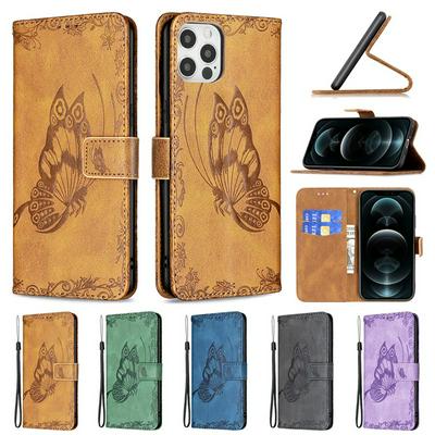 For iPhone 12/12 Pro(6.1) Embossed Flying Butterflies Scratch Resistant Wallet Leather Case with Wrist Strap