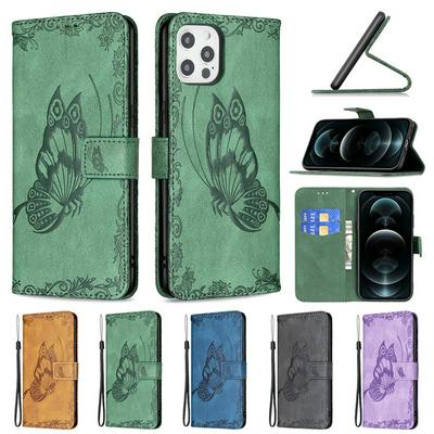 For iPhone 12 Pro Max(6.7) Embossed Flying Butterflies Scratch Resistant Wallet Leather Case with Wrist Strap