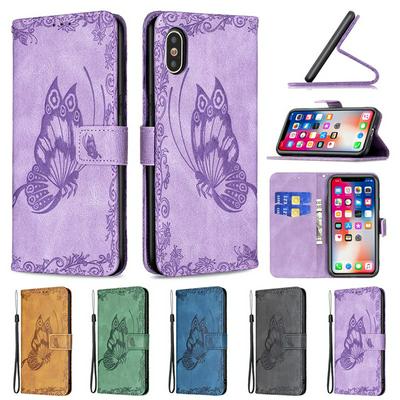 For iPhone X / XS Embossed Flying Butterflies Scratch Resistant Wallet Leather Case with Wrist Strap