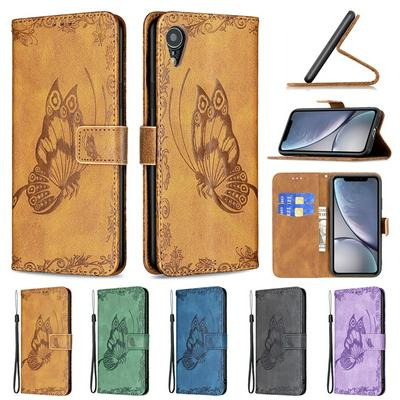 For iPhone XR 6.1 Embossed Flying Butterflies Scratch Resistant Wallet Leather Case with Wrist Strap