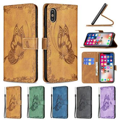 For iPhone Xs Max 6.5 Embossed Flying Butterflies Scratch Resistant Wallet Leather Case with Wrist Strap