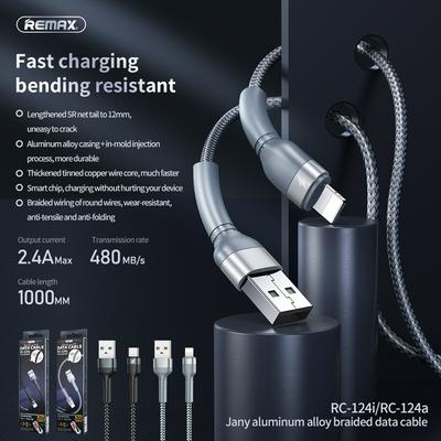 Remax RC-124a 1m Braided Round Type-C Interface 2.4A Fast Charging USB Data Cable for Devices with Type-C Interfaces