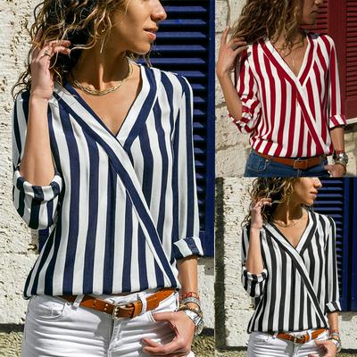 Women's Stripe Blouse Fashion Chiffon Long Sleeve V-neck Shirt Casual Tops