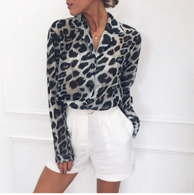 Long Sleeve Sexy Leopard Print Blouse Turn Down Collar Lady Office Shirt Tunic Casual Loose Chiffon Blouses for Female's Blouse